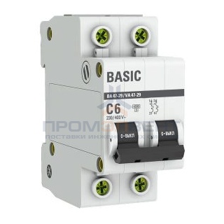 Автоматический выключатель EKF Basic ВА 47-29 2P 6А (C) 4,5кА (автомат электрический)